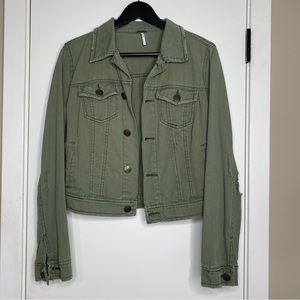 Distressed Free People green denim jacket